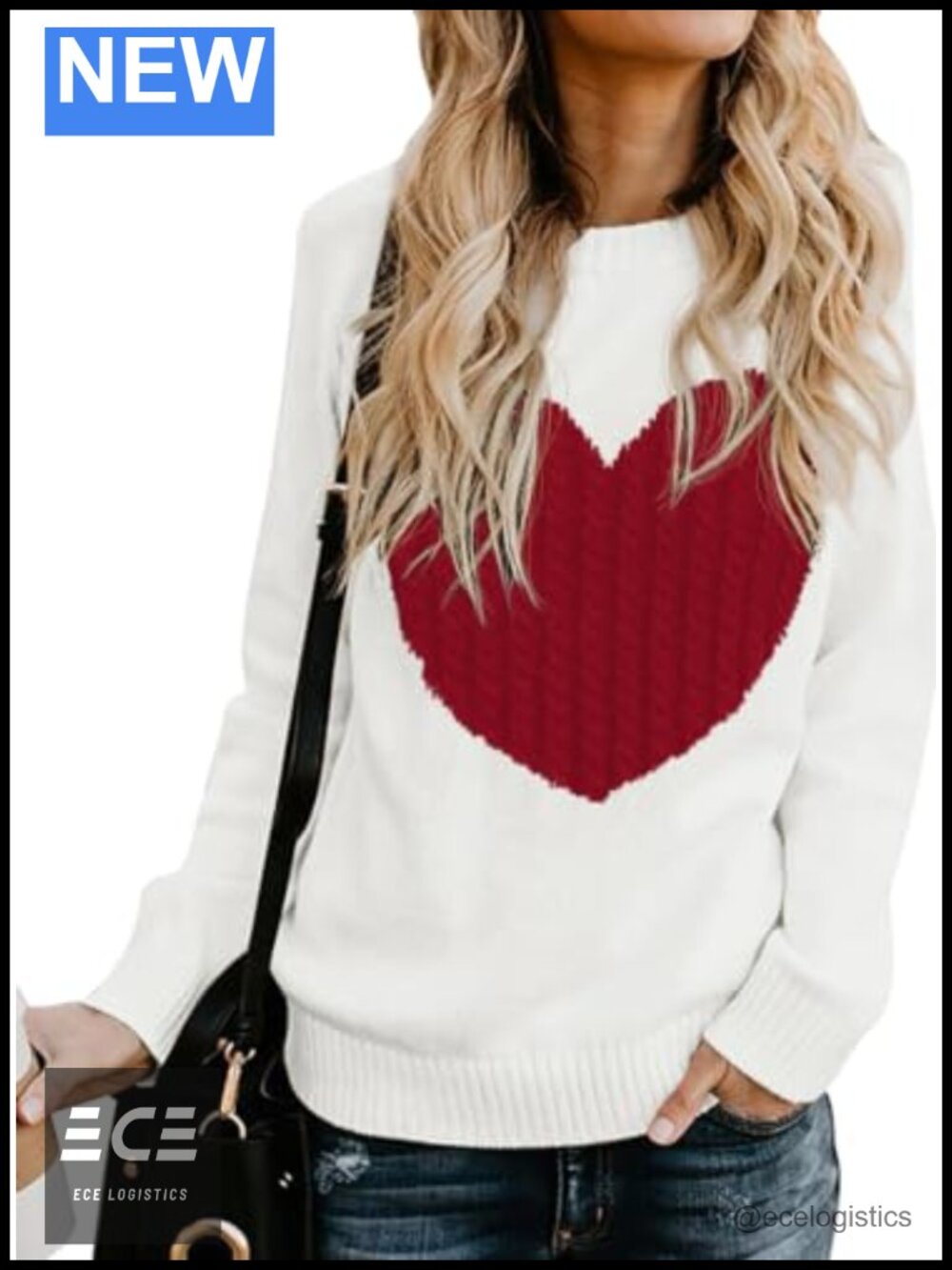 QIXING Women's Heart Pullover Sweater Round Neck Long Sleeve